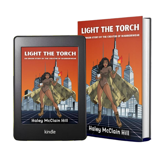 Light The TORCH book cover showing a strong female figure in a cityscape, available for pre-order in Kindle and hardcover formats.